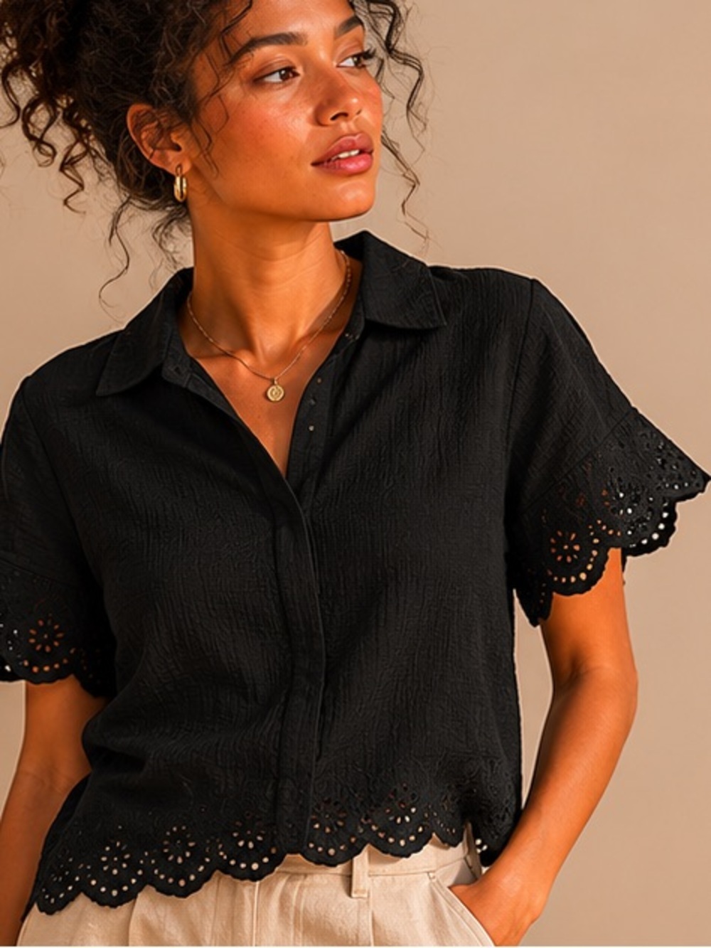 Design History Black Eyelet Scallop Button Front Blouse Large
